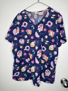 ❤️2 for $25❤️Hello Kitty Navy and Pink Summer Print Scrubs Top